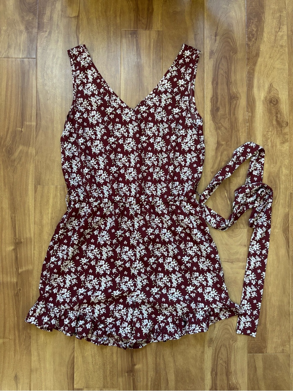 VILA Burgundy Floral V-Neck Romper with Tie Belt
